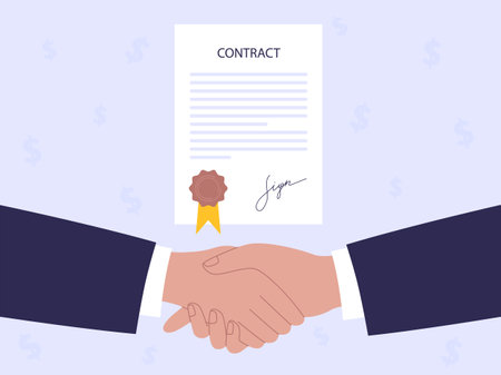 A handshake after signing a contract. Concept of a business and financial agreement. Vector illustration.のイラスト素材