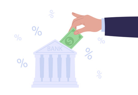 Hand puts a bill of money in a bank. Bank deposit money service. Financial concept of investment. Saving money for future incomeのイラスト素材