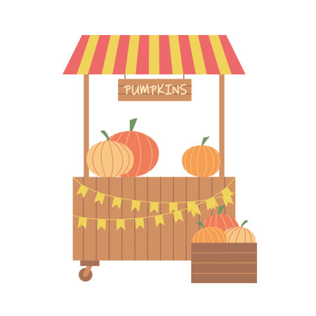 Farm market stall with pumpkins. Seasonal harvest for sale on market. Local production of vegetables. Vector illustration in flat styleのイラスト素材