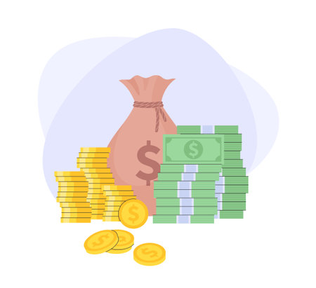 Stacks of money and coins next to a money bag. Saving money concept. Finance and economy. Vector illustration in flat style.のイラスト素材