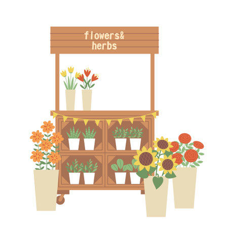 Farm market stall with flowers and herbs. Seasonal sale on local market. Vector illustration in flat styleのイラスト素材