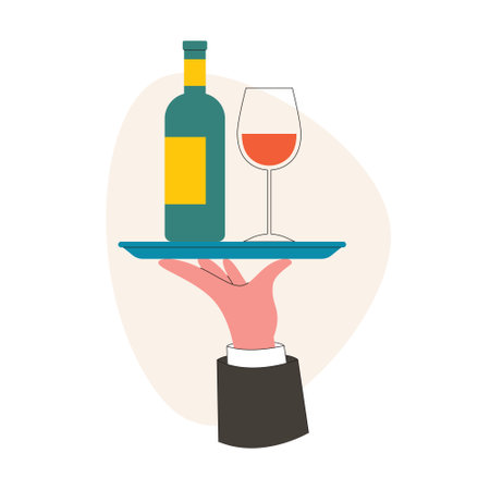Waiter's hand holds a tray with a bottle of wine and a wineglass. Flat style vector illustrationのイラスト素材