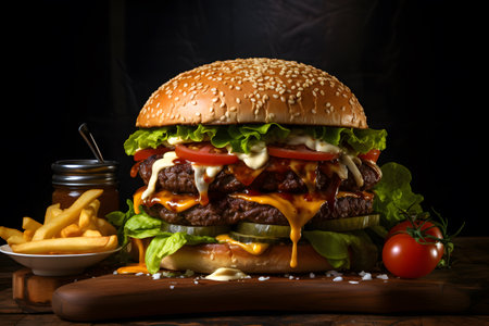 Big craft burger and french fries on wooden table on dark background. Street foodの素材