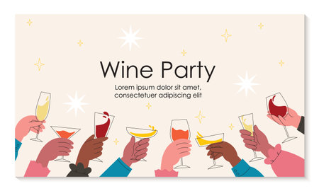 Wine Party invitation template. Hands holding different wineglasses and cheering. Holiday celebration with alcohol drink. Flat style vector designのイラスト素材