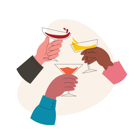 International company of friends cheering with alcohol drinks, celebrating holiday. Hands holding different glasses. Flat style vector illustration isolated on white backgroundのイラスト素材