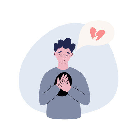 A person suffering from broken heart. Sad man with hole in his chest. Concept of loss of a loved one. Flat style vector illustration of unhappiness.のイラスト素材