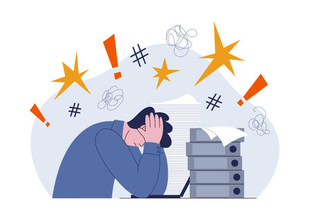 Professional burnout. Exhausted man sitting at his workplace in office holding his head. Concept of emotional burnout, stress, tiredness, mental health problems. Flat style vector illustration.のイラスト素材