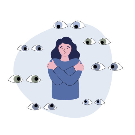 Woman suffering by paranoia. Person surrounded by eyes feeling overwhelmed and helpless. Vector illustration of mental disorder.のイラスト素材
