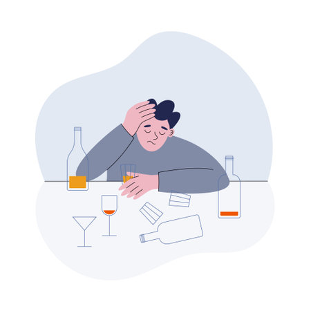 Drunk man with alcohol addiction sitting at the table with empty bottles and glasses. Flat style vector illustration od mental disorder.のイラスト素材
