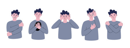 Set of illustrations of different emotional conditions. Flat style vector illustrations of negative emotions.のイラスト素材