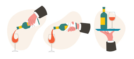 Waiter pours wine into a wineglass. Waiter's hand holds a tray with a bottle of wine and a wineglass. Vector illustrationのイラスト素材