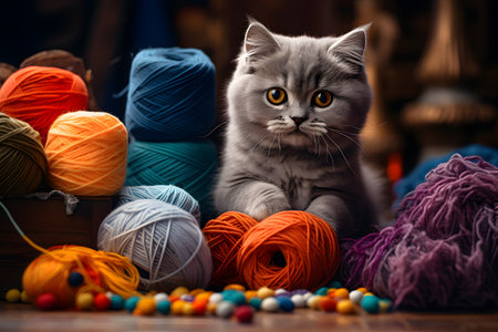 Cute fluffy grey cat in a pile of colorful knitting yarnの素材