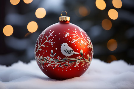 Red Christmas tree ball decorated with a white bird with holiday lights on the backgroundの素材