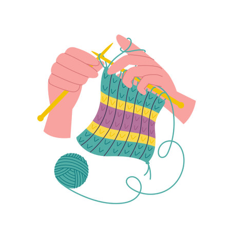 Needlework in hands and yarn skein. Flat style illustration of crocheting hobbyのイラスト素材