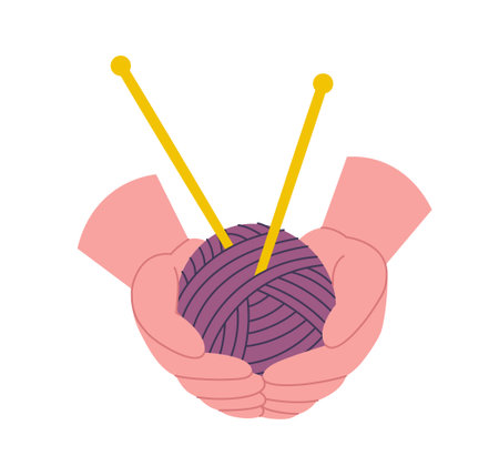 Yarn skein with needles in human hands. Knitting hobby flat style illustrationのイラスト素材