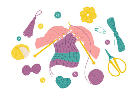 Needlework in hands surrounded by knitting hobby accessories. Flat style illustration of crocheting hobbyのイラスト素材