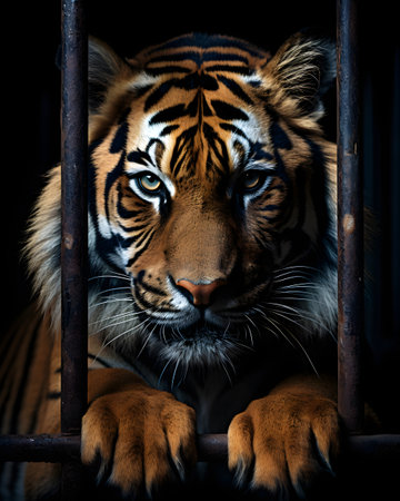 Tiger behind bars in iron cage. Wild animal in captivityの素材