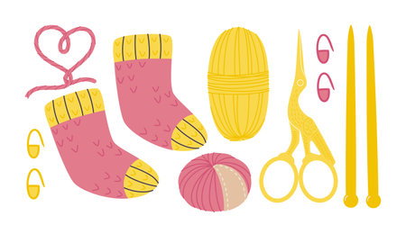 Knitted socks with yarn skeins, needles and crane shaped scissors for hand craft. Flat style illustration of knitting hobbyのイラスト素材