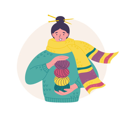 Smiling young woman in a big warm scarf with yarn skeins in her hands. Hand crafting hobby. Vector flat style illustration of handmade hobbyのイラスト素材