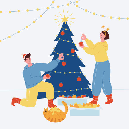 Family decorating Christmas tree. Happy young couple preparing for winter holidays. Flat vector illustrationのイラスト素材
