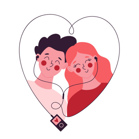 Romantic couple listening music with one audio player. Couple in love on February 14. Valentine's day vector illustrationのイラスト素材