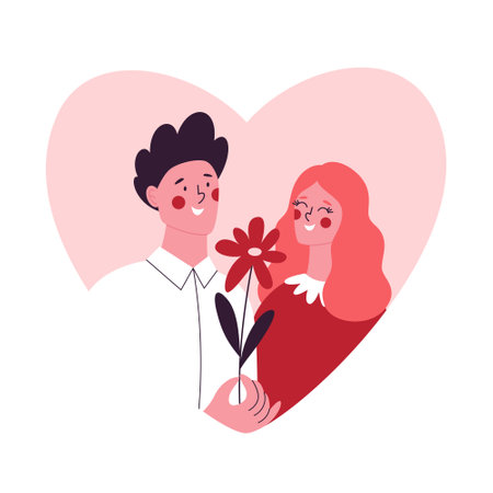 Boy gives a flower to his girlfriend. Couple in love on February 14. Valentine's day vector illustrationのイラスト素材
