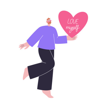 Happy man with a heart in his hand. Love myself concept. St Valentine Day celebration illustrationのイラスト素材