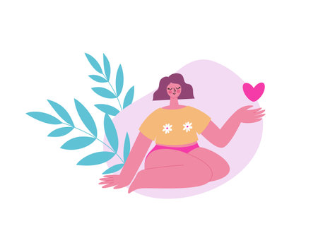 Happy woman with a heart in her hand sitting on the floor. Girl in pink panties. Happy period time. Bodypositive conceptのイラスト素材