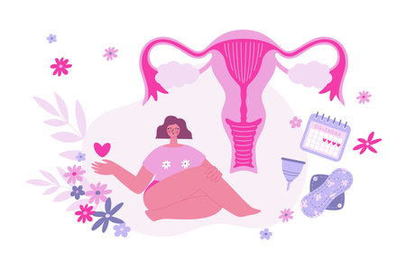 Happy woman during her period with a heart in her hand sitting on the floor. Comfort menstrual period time. Bodypositive conceptのイラスト素材