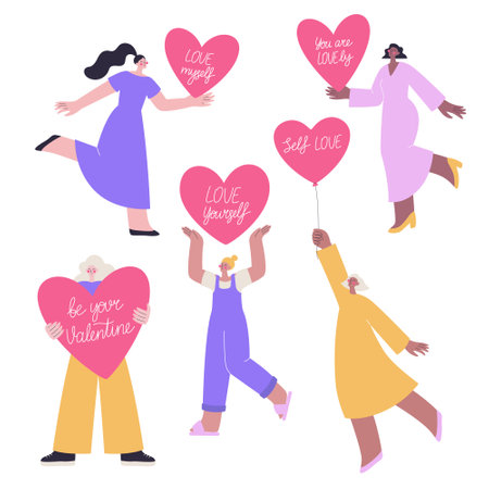 Different happy women with hearts in their hands. Self love and self acceptance concept. Illustration of St Valentine Day for singleのイラスト素材