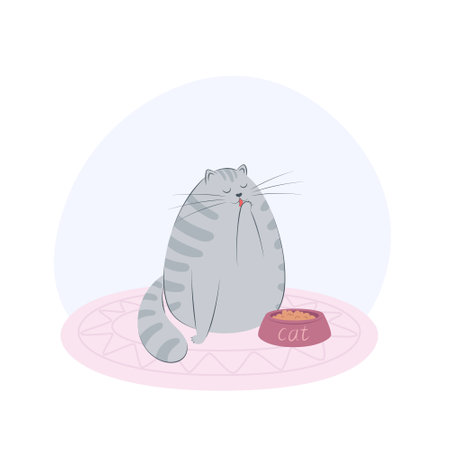 Cute grey cat sits near its bowl and washing up. Flat vector illustration of a petのイラスト素材