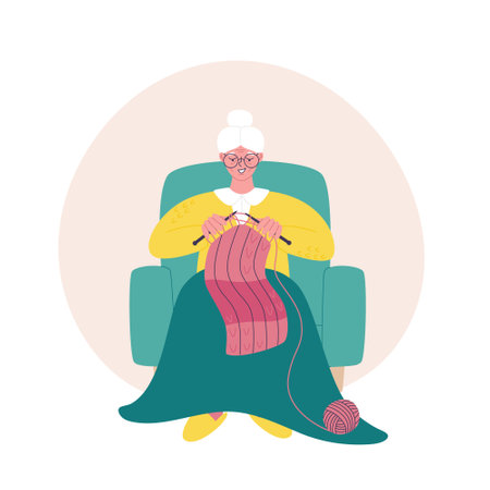 Grandmother knitting a scarf. Granny sitting in an armchair and hand crafting. Vector flat style illustration of handmade hobbyのイラスト素材