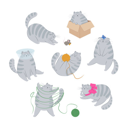 Cute striped grey cat with different objects and with various emotions. Cat behavior, body language and face expressions. Set of vector illustrationsのイラスト素材