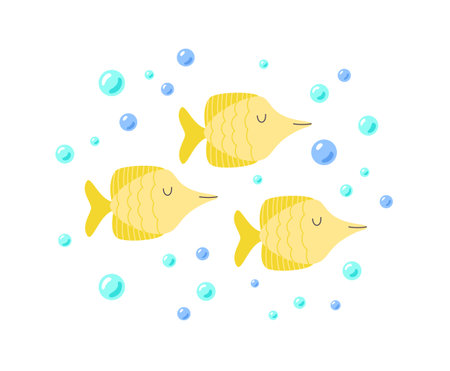 Childrens cute animals. Funny yellow tang fishes in bubbles. Sea and ocean life vector illustrationのイラスト素材