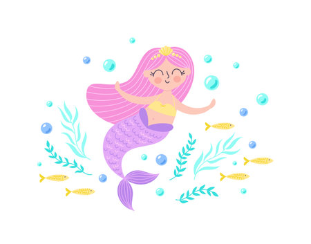 Childrens cute magic character. Magic mermaid girl. Children magic poster or postcard. Vector illustration of fantasy undersea lifeのイラスト素材
