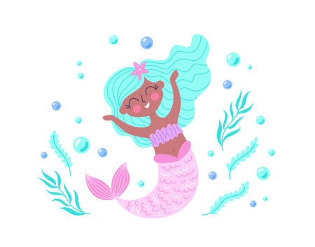 Childrens cute magic character. Magic mermaid girl. Children magic poster or postcard. Vector illustration of fantasy undersea lifeのイラスト素材