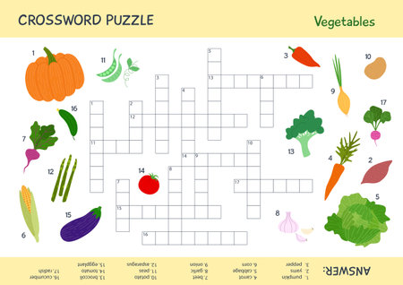Crossword puzzle for kids with vegetables. Printable sheet with quiz. Educational activity for childrenのイラスト素材