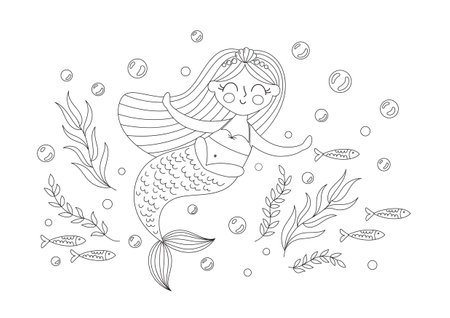 Coloring page with a little mermaid. Childrens cute magic character. Vector illustration of fairy tale undersea lifeのイラスト素材