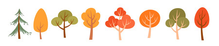 Autumn trees set. Various fall trees collection. Flat style vector illustrations isolated on white backgroundのイラスト素材