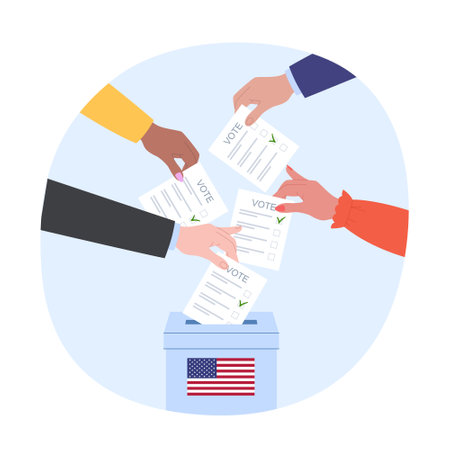 Election 2024 USA. Democracy vote. Various people vote. Presidential election campaign. Flat vector illustrationのイラスト素材