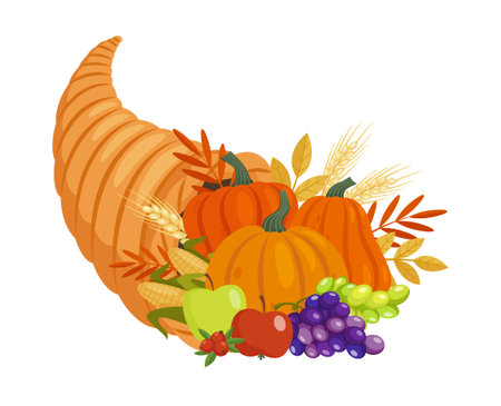 Thanksgiving Day cornucopia. Fall harvest horn with plenty of pumpkins, corns, grapes, apples decorated by leaves and cranberriesのイラスト素材