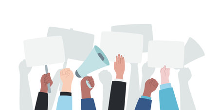 Election campaign. Political demonstration for democratic values. Hands holding blank posters. Vector illustration of manifesting activistsのイラスト素材