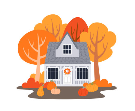 Autumn farm house landscape. Farm house among fall trees and pumpkins. Fall farm flat vector illustrationsのイラスト素材