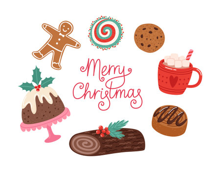 Christmas desserts set. Merry Christmas postcard template. Traditional holiday food. Vector illustrations isolated on white backgroundのイラスト素材