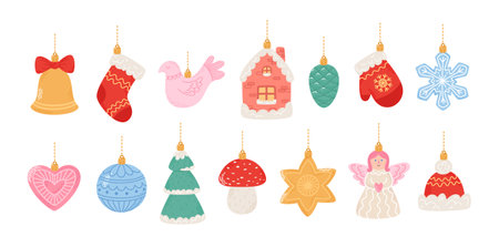 Various Christmas ornaments set. Big Christmas tree decorations collection. Vector illustrations isolated on white backgroundのイラスト素材