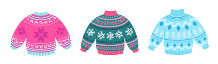 Set of traditional Christmas sweaters. Cute holiday clothes with ornaments. Vector illustration isolated on white backgroundのイラスト素材