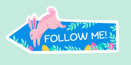 Egg search direction indicator with a cute jumping rabbit for Easter Egg Hunt. Vector illustration template for Easter holiday celebrationのイラスト素材
