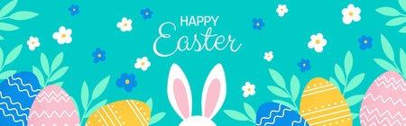 Easter banner design with eggs and Easter rabbit ears. Vector spring holiday designのイラスト素材