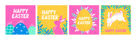 Set of Easter square postcards with eggs, Easter rabbit and botanical decor. Templates collection for Easter Day social media posts. Flat vector designsのイラスト素材