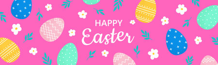 Easter banner design with dyed eggs. Vector spring holiday designのイラスト素材